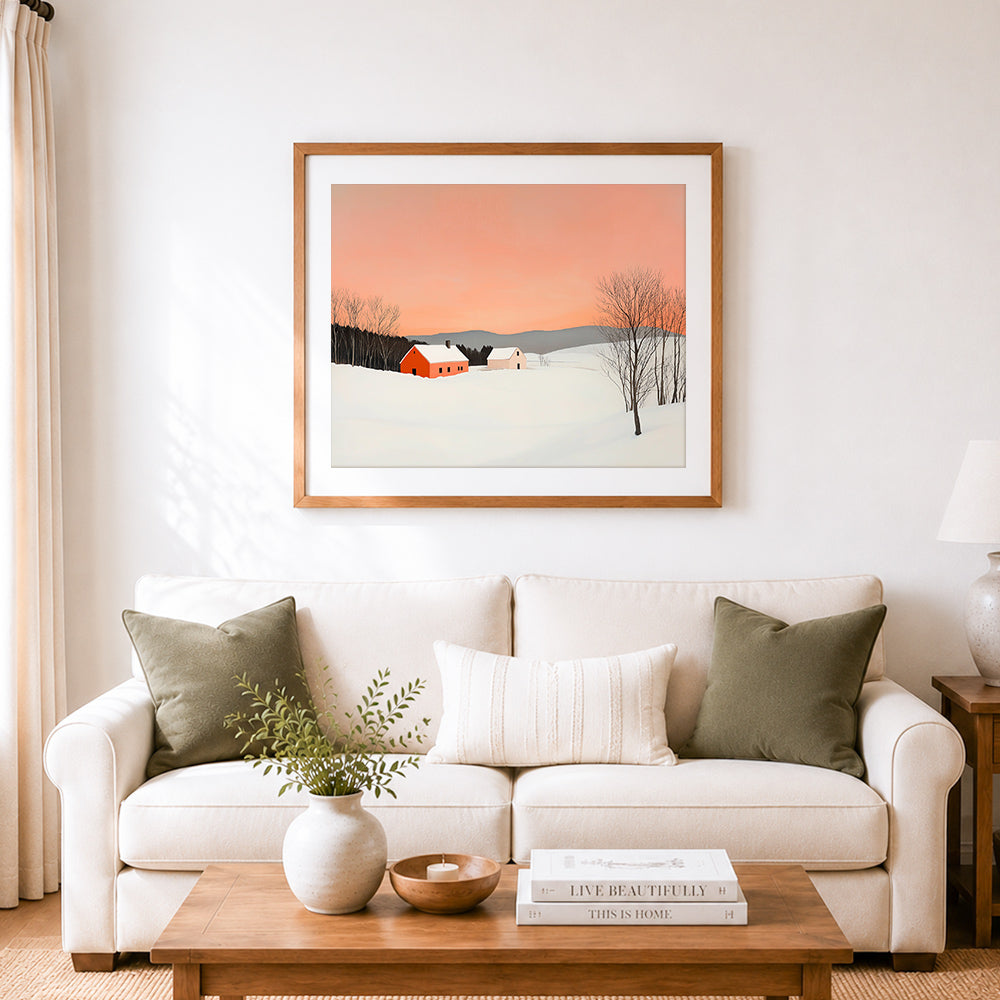 Finished quiet snowy countryside cross stitch artwork displayed as home decor