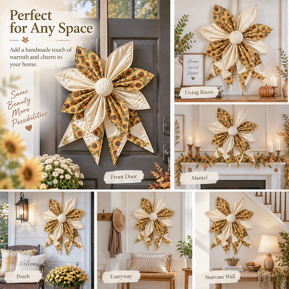 Handmade quilted bow displayed on a front door, mantel, porch, entryway and wall