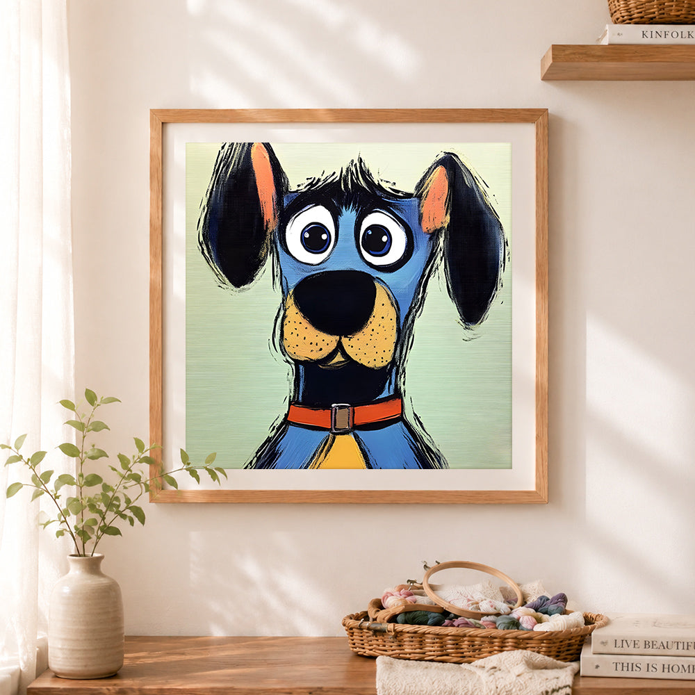 Finished quirky big-eyed blue cartoon dog cross stitch artwork displayed as home decor