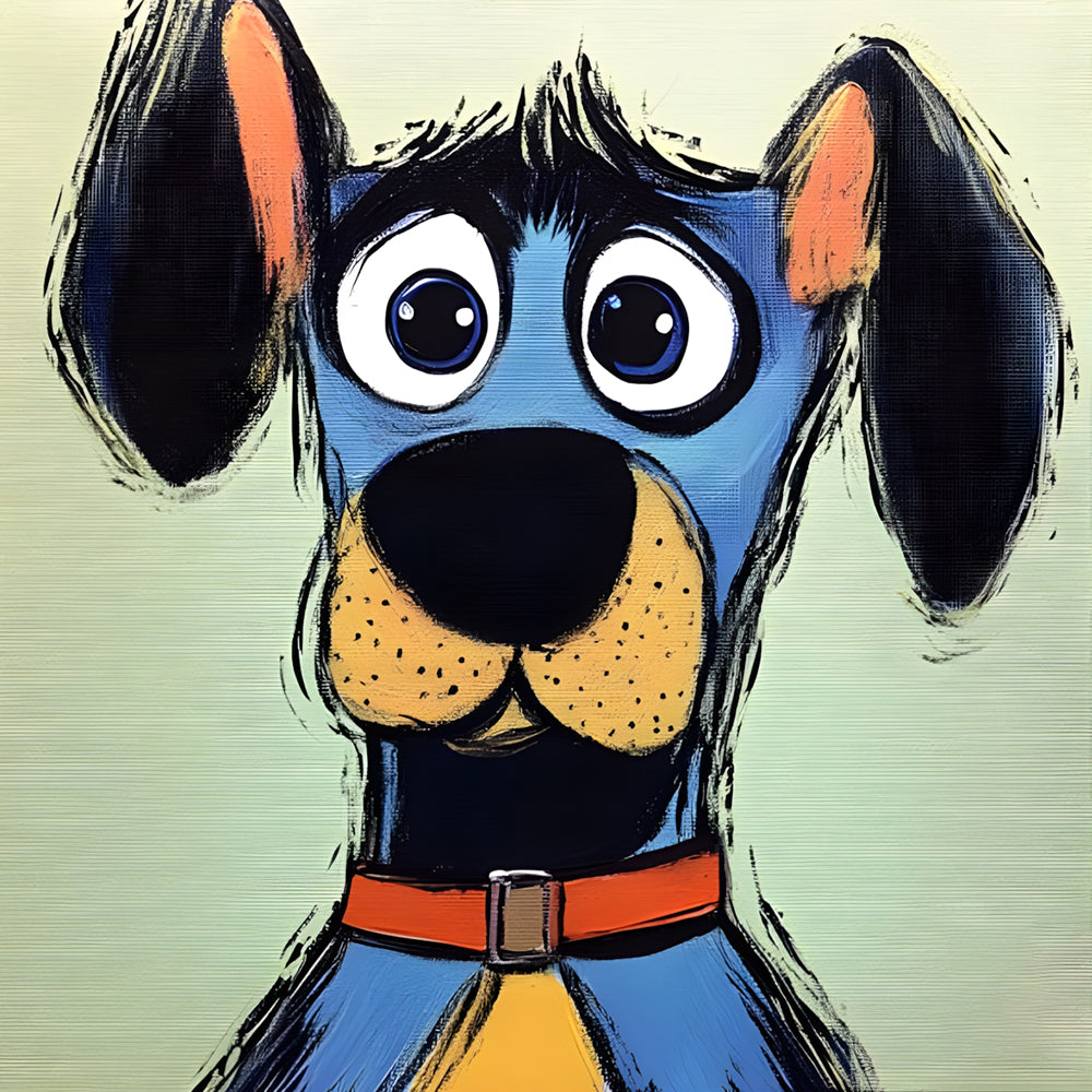 Quirky big-eyed blue cartoon dog cross stitch kit for beginners