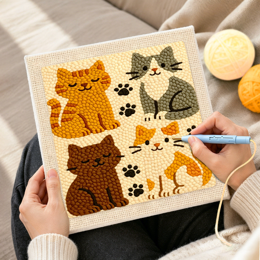Creating handmade quirky multi-colored kitty punch needle artwork