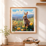 Finished rabbit among mountain meadow blooms cross stitch artwork displayed as home decor