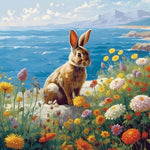 Rabbit sitting on coastal rocky shore cross stitch kit for beginners