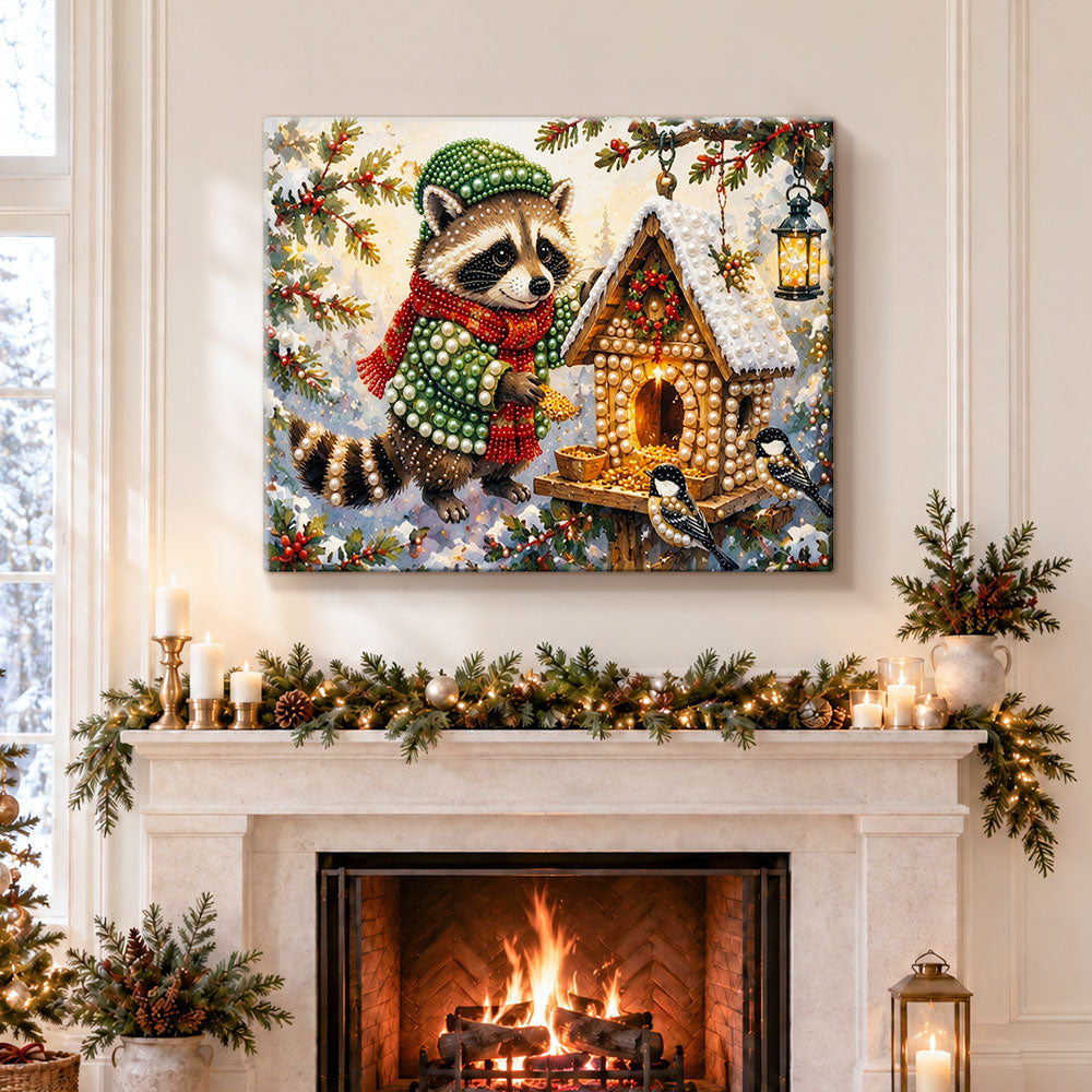 Finished raccoon at winter bird feeder pearl diamond painting artwork displayed as holiday home decor