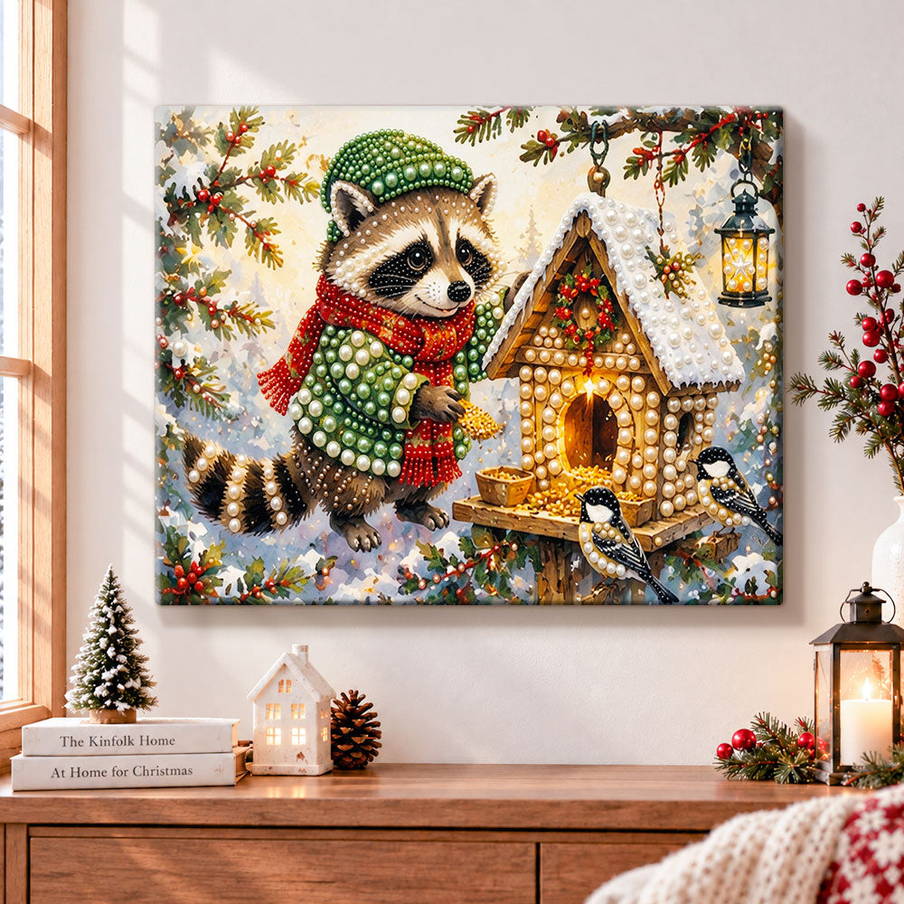 Raccoon at winter bird feeder pearl diamond painting kit for beginners
