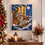 Finished raccoon delivering holiday present pearl diamond painting artwork displayed as holiday home decor