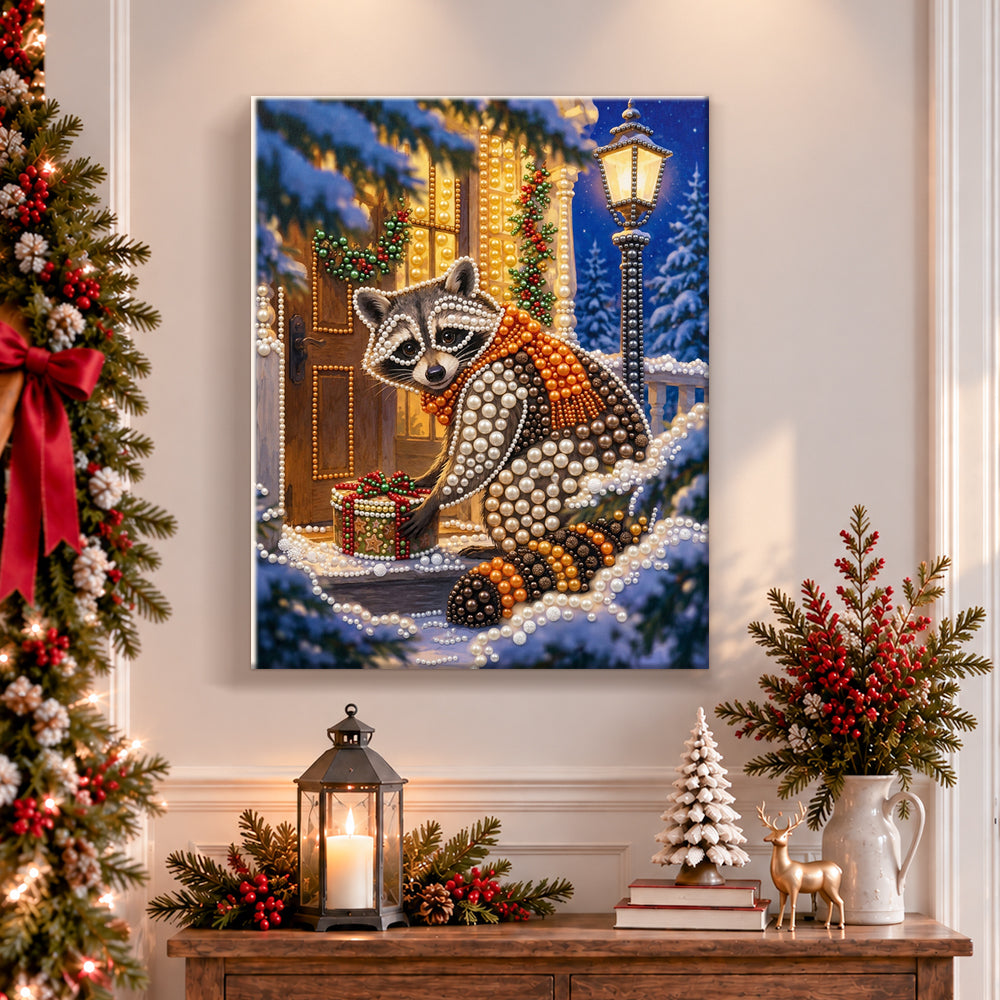 Finished raccoon delivering holiday present pearl diamond painting artwork displayed as holiday home decor