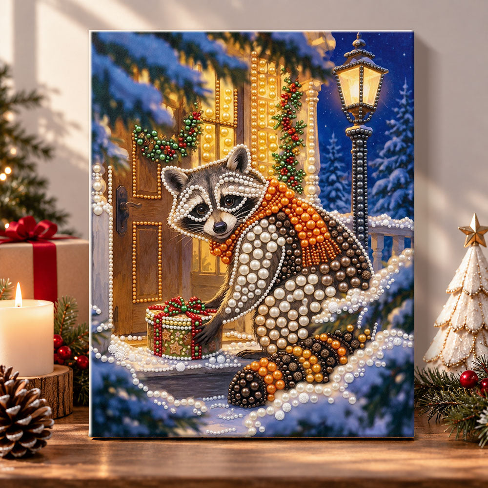Raccoon delivering holiday present pearl diamond painting kit for beginners