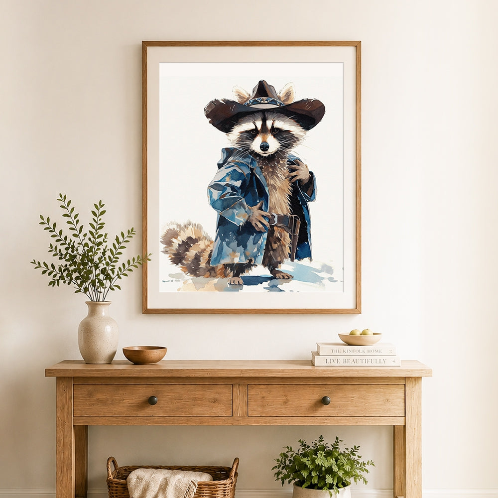Finished raccoon in cowboy hat and coat cross stitch artwork displayed as home decor