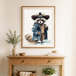 Finished raccoon in cowboy hat and coat cross stitch artwork displayed as home decor