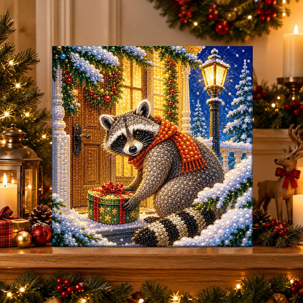 Finished raccoon with christmas gift pearl diamond painting artwork displayed as holiday home decor