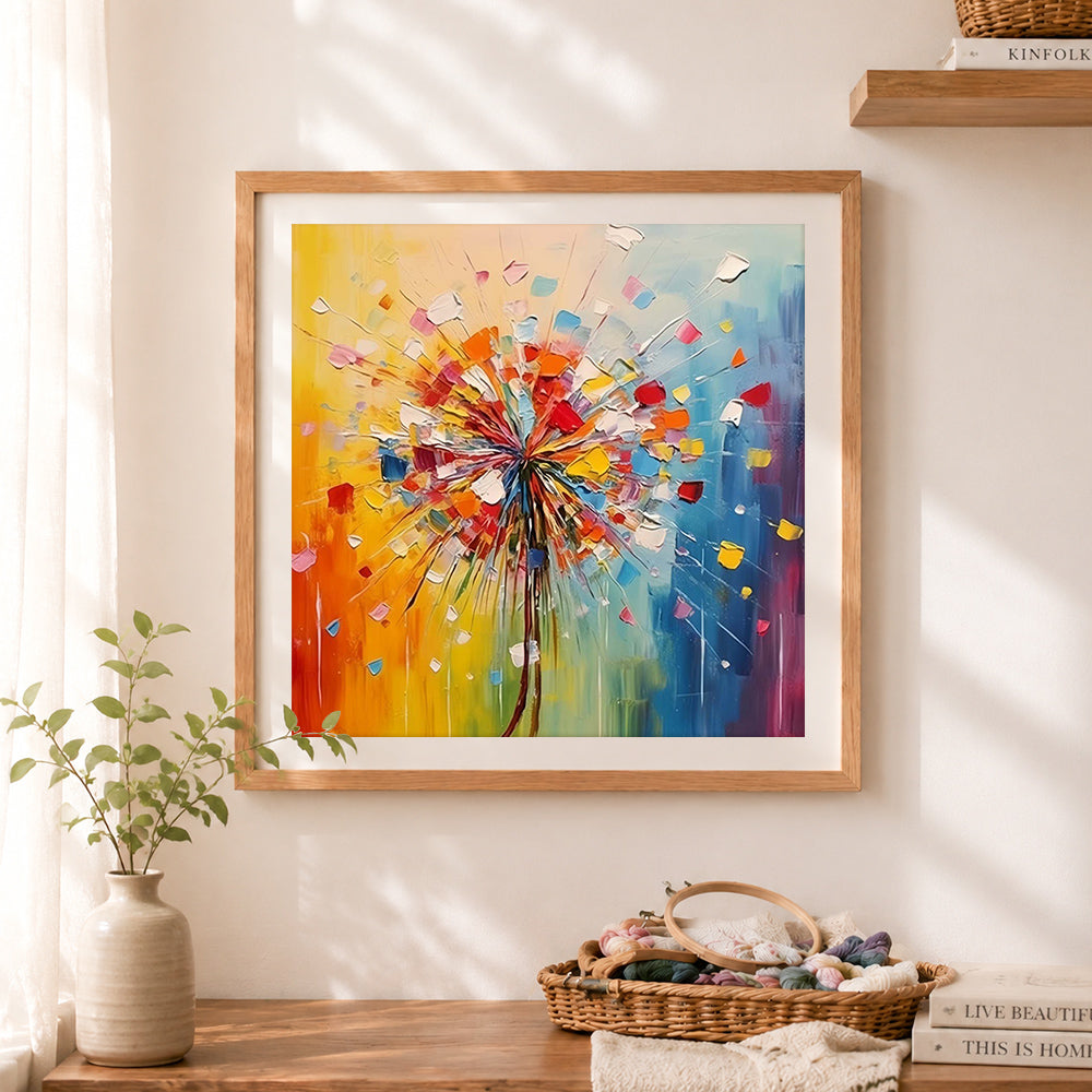 Finished radial colorful dandelion cross stitch artwork displayed as home decor