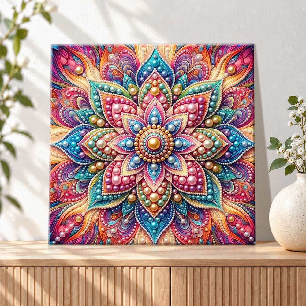 Finished radiant rainbow mandala pearl diamond painting artwork displayed as holiday home decor
