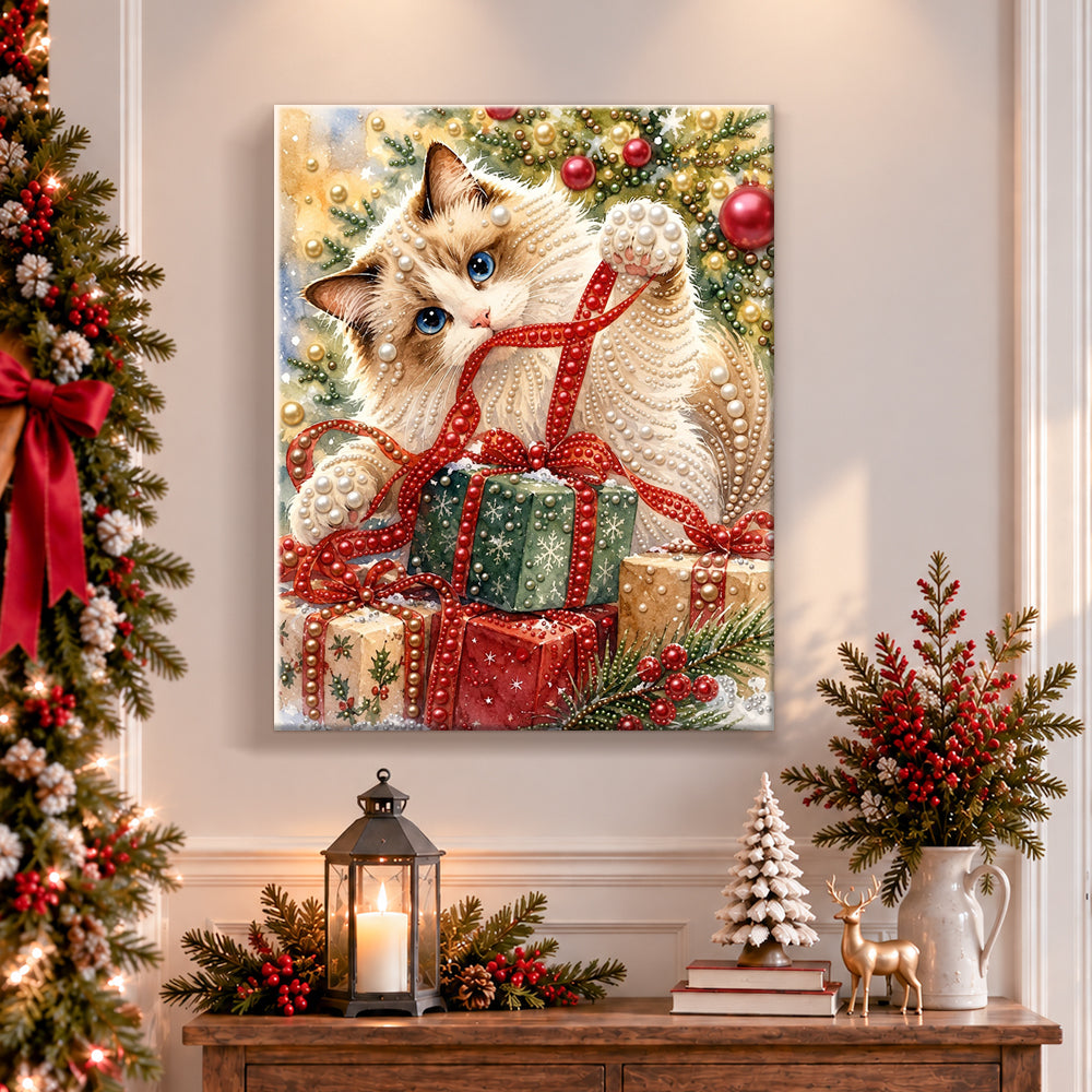 Finished ragdoll cat with christmas gifts pearl diamond painting artwork displayed as holiday home decor