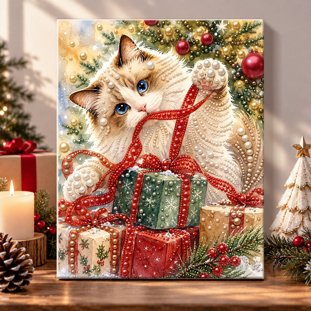 Ragdoll cat with christmas gifts pearl diamond painting kit for beginners