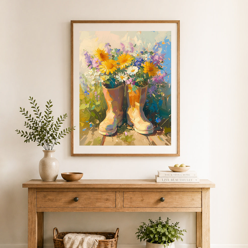 Finished rain boots full of blooms cross stitch artwork displayed as home decor