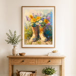 Finished rain boots full of blooms cross stitch artwork displayed as home decor