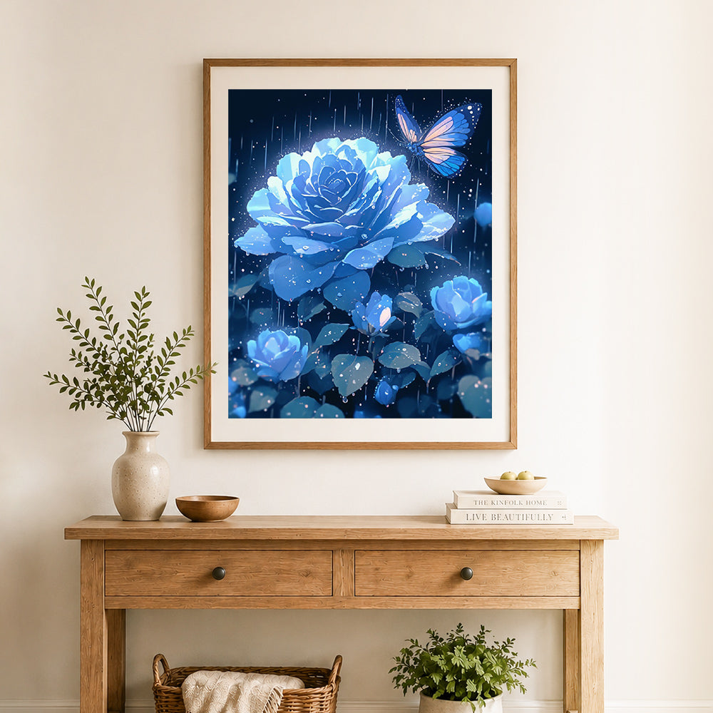 Finished rain‑kissed blue rose cross stitch artwork displayed as home decor