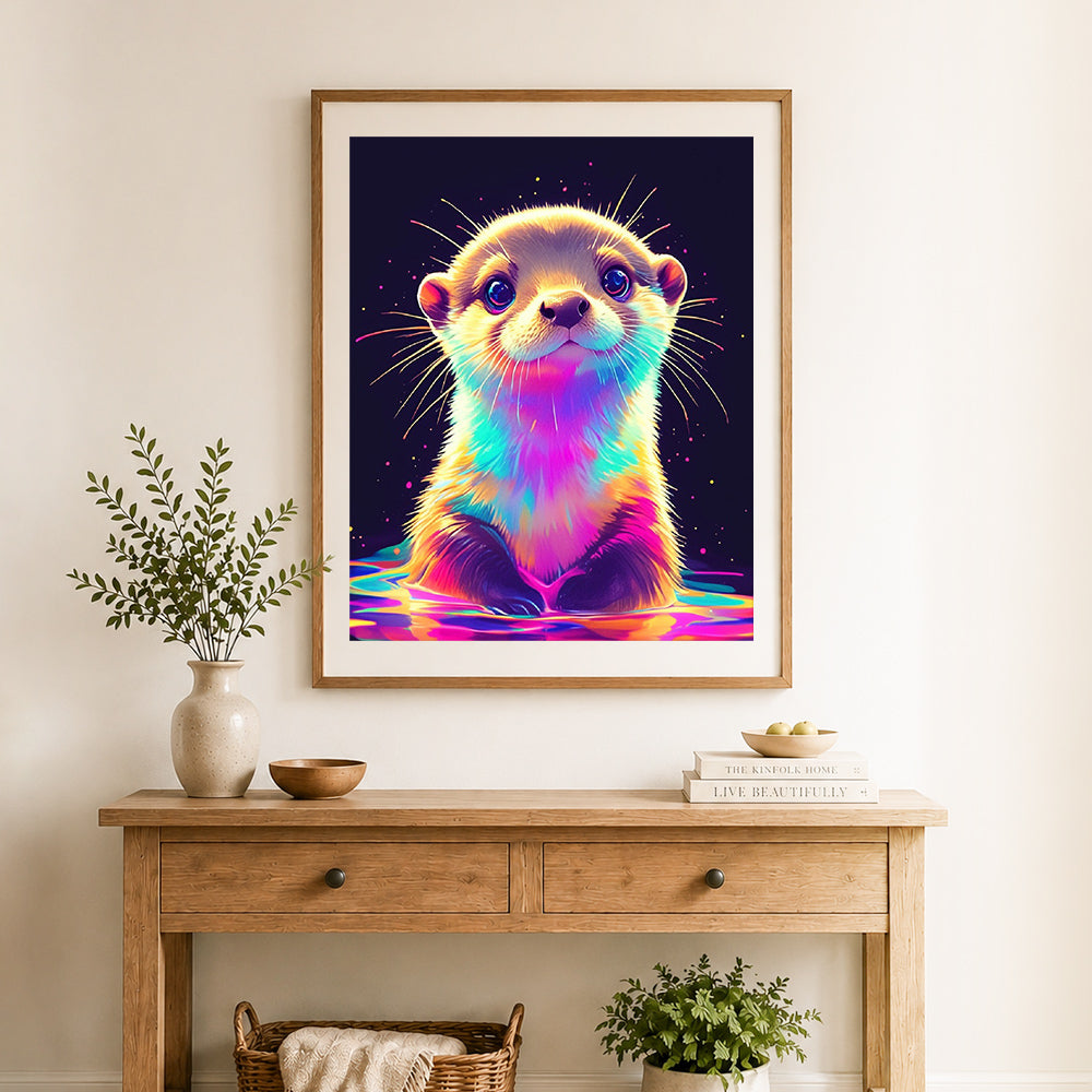 Finished rainbow baby otter cross stitch artwork displayed as home decor