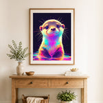 Finished rainbow baby otter cross stitch artwork displayed as home decor