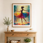 Finished rainbow ballerina spinning cross stitch artwork displayed as home decor