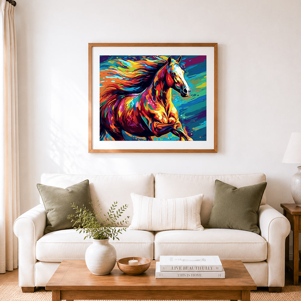 Finished rainbow brushstroke horse cross stitch artwork displayed as home decor
