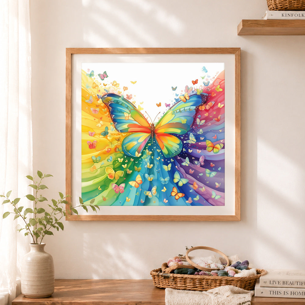 Finished rainbow butterflies cross stitch artwork displayed as home decor
