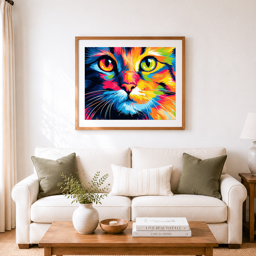 Finished rainbow cat portrait cross stitch artwork displayed as home decor