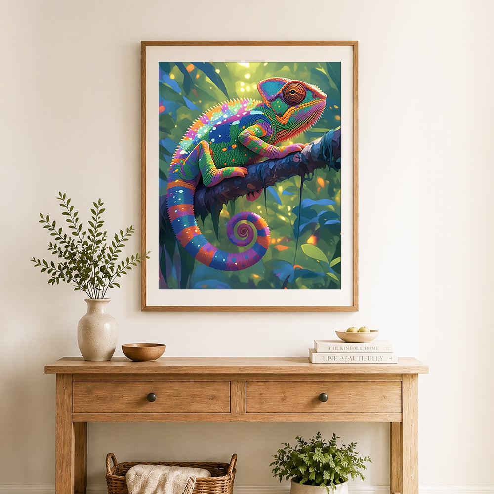 Finished rainbow chameleon on branch cross stitch artwork displayed as home decor