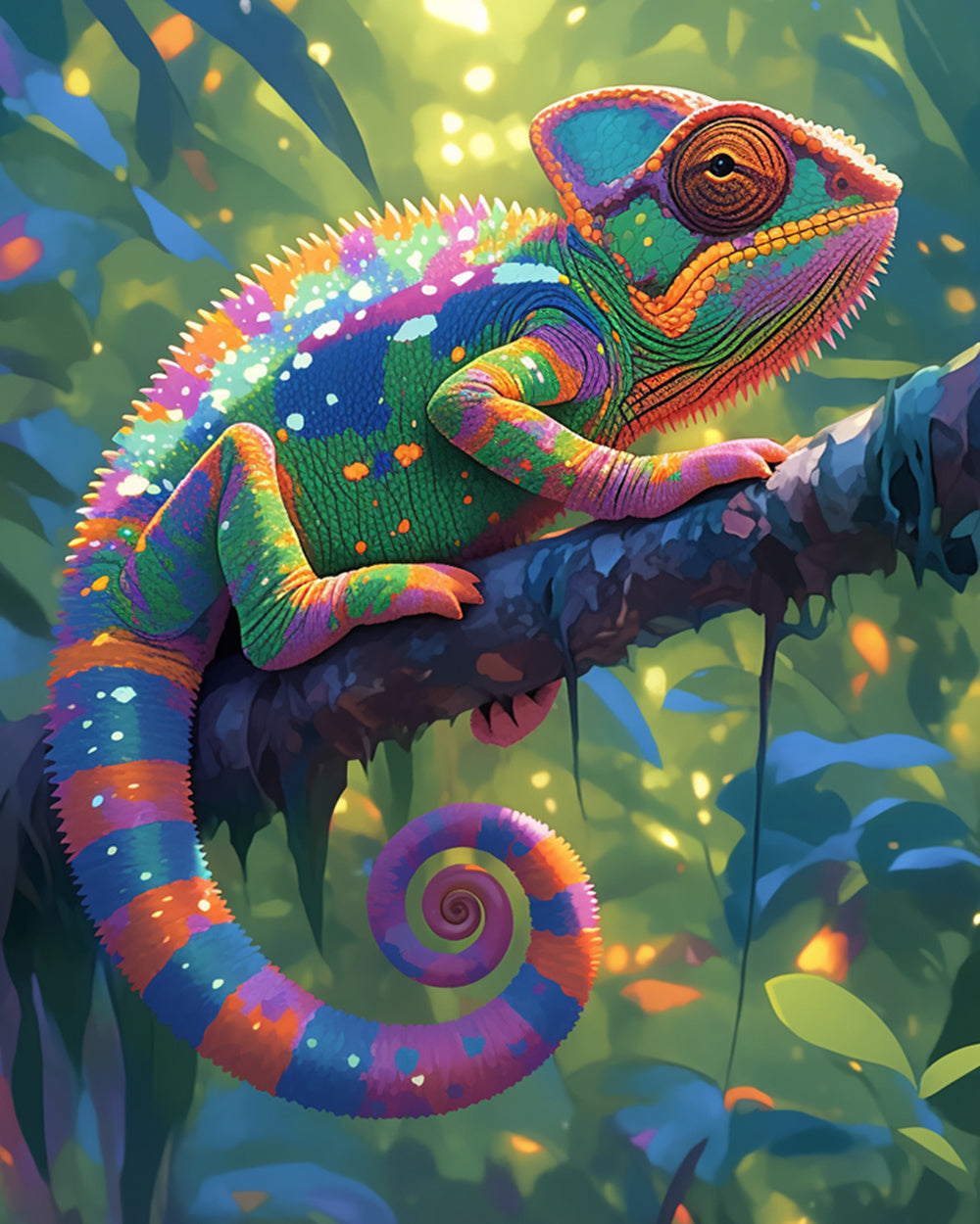 Rainbow chameleon on branch cross stitch kit for beginners
