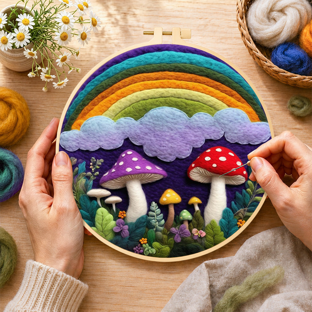 Creating the rainbow, clouds and mushrooms wool painting by hand with a felting needle
