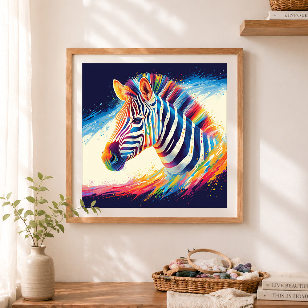 Finished rainbow color zebra cross stitch artwork displayed as home decor