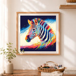 Finished rainbow color zebra cross stitch artwork displayed as home decor