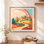 Finished rainbow countryside cross stitch artwork displayed as home decor
