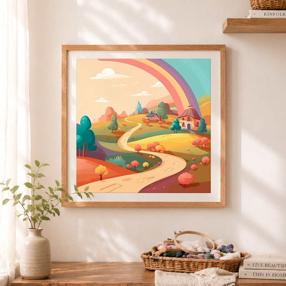 Finished rainbow countryside cross stitch artwork displayed as home decor