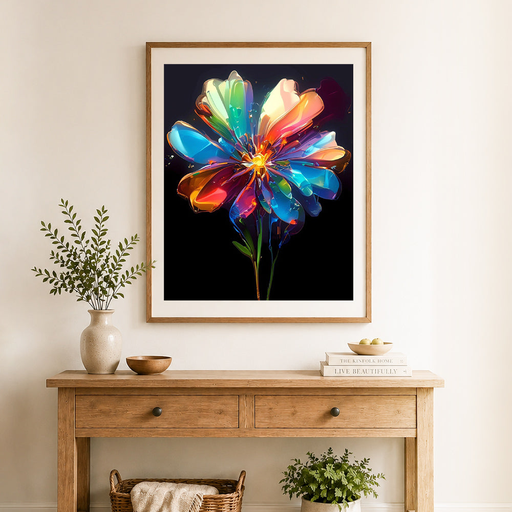 Finished rainbow crystal flower cross stitch artwork displayed as home decor