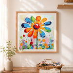 Finished rainbow daisy cross stitch artwork displayed as home decor