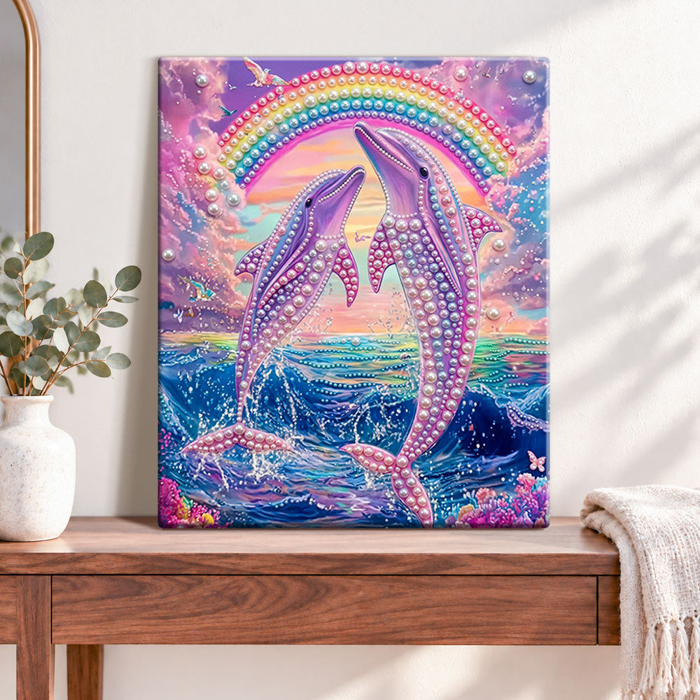Finished rainbow dolphin dream pearl diamond painting artwork displayed as home decor