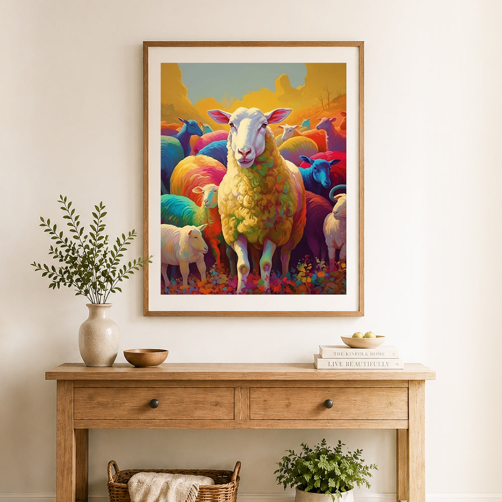 Finished rainbow flock of colorful sheep cross stitch artwork displayed as home decor
