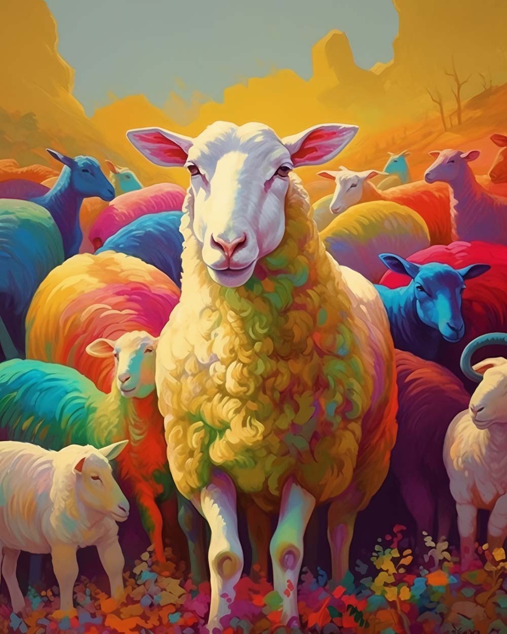 Rainbow flock of colorful sheep cross stitch kit for beginners