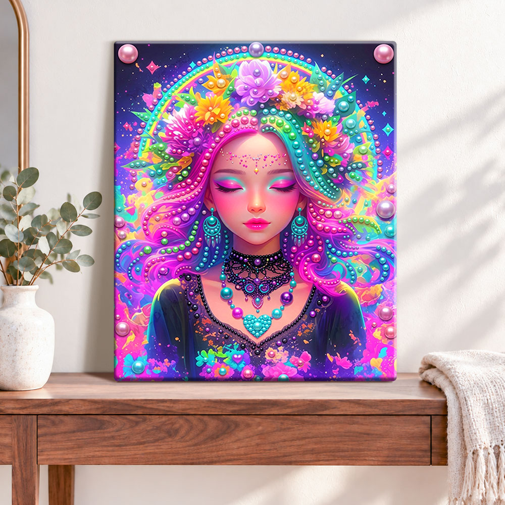 Finished rainbow floral goddess pearl diamond painting artwork displayed as home decor