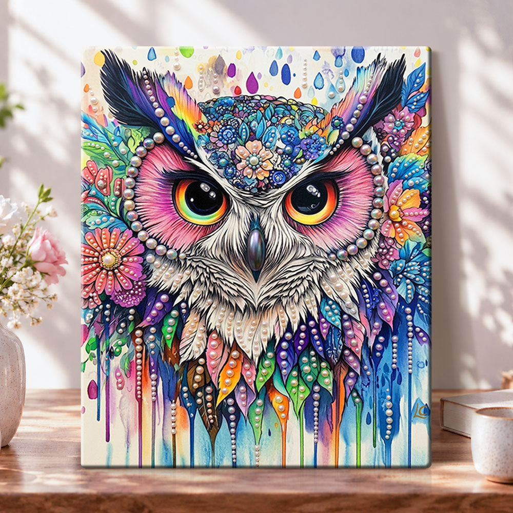 Rainbow floral owl pearl diamond painting kit for beginners