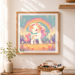 Finished rainbow flower unicorn cross stitch artwork displayed as home decor
