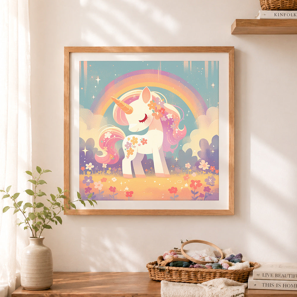 Finished rainbow flower unicorn cross stitch artwork displayed as home decor