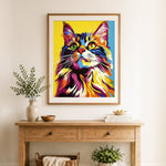 Finished rainbow fluffy cat cross stitch artwork displayed as home decor
