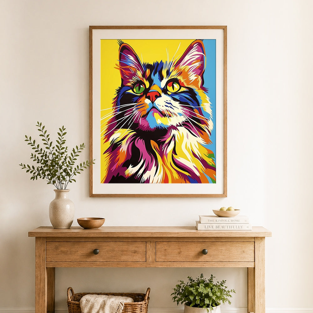 Finished rainbow fluffy cat cross stitch artwork displayed as home decor
