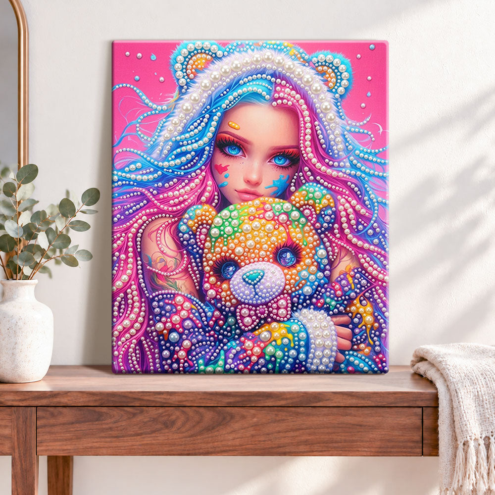 Finished rainbow girl with bear pearl diamond painting artwork displayed as home decor