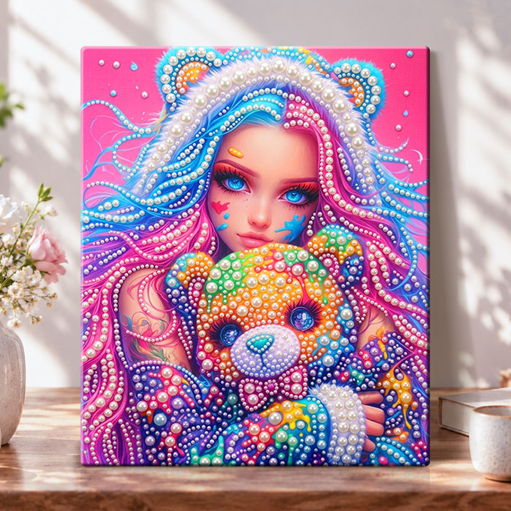 Rainbow girl with bear pearl diamond painting kit for beginners