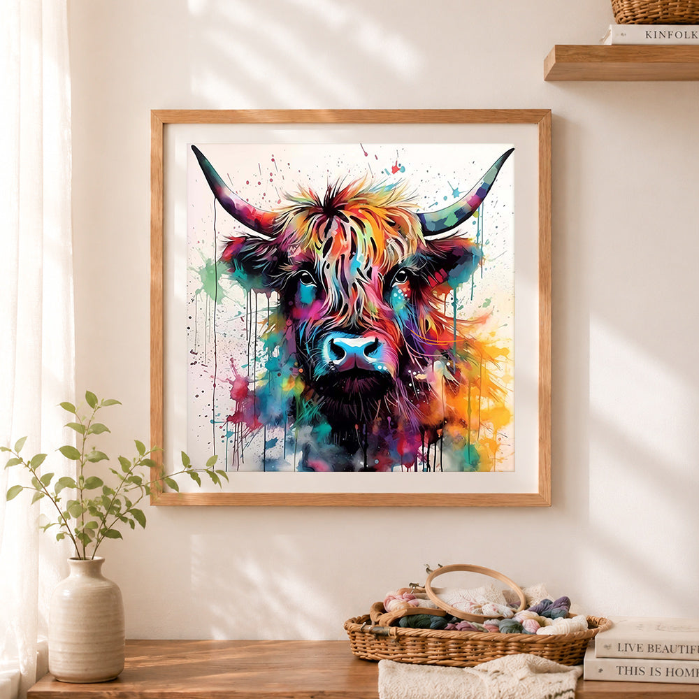Finished rainbow highland cow in splash art cross stitch artwork displayed as home decor