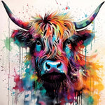Rainbow highland cow in splash art cross stitch kit for beginners